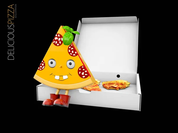 3D-s illusztráció szelet animálás friss pepperonis pizza, elszigetelt fekete háttér — Stock Fotó