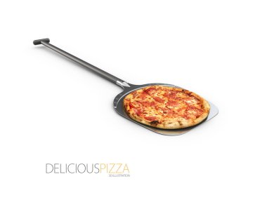 Ev yapımı pizza üzerinde bir kürek, izole beyaz, 3d çizim