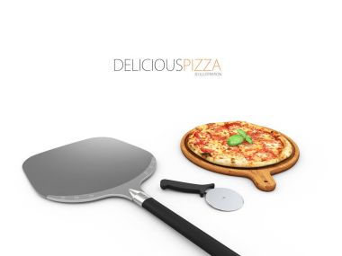 Ev yapımı pizza üzerinde bir kürek, izole beyaz, 3d çizim