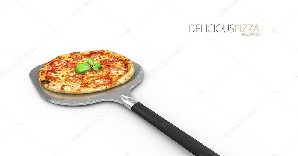 Homemade pizza on a shovel, isolated white, 3d Illustration