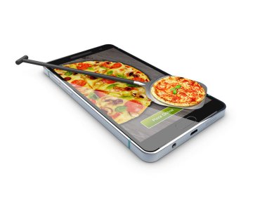 Pizzacı, arama veya mobil, hücresel, akıllı telefon online sipariş. 3D çizim