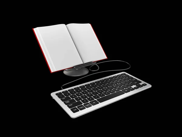 Teclado e livro com página em branco, conceito de escritor, ilustração 3d isolado preto — Fotografia de Stock