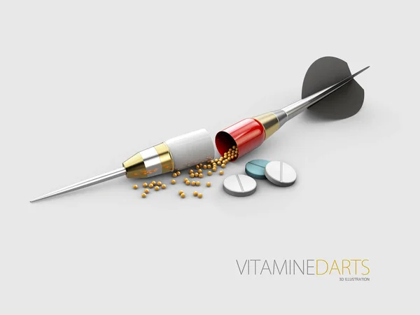 Freccia dardo da vicino con pillola rossa, concetto di trattamento, isolato su sfondo bianco Illustrazione 3d — Foto Stock