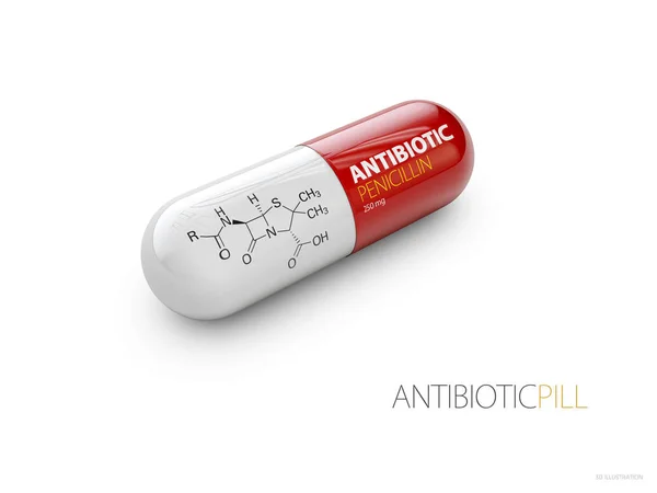 Czerwone tabletki penicyliny, na białym tle biały ilustracja 3d — Zdjęcie stockowe