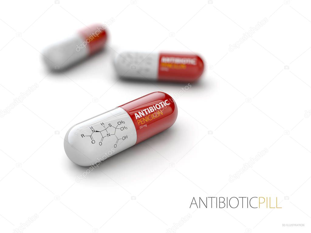 Red pills of Penicillin, isolated white 3d Illustration