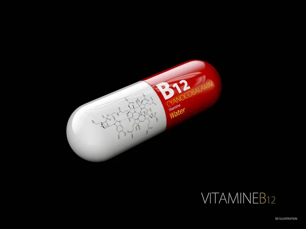 3d Illustrazione di Vitamina B12 Capsula con formula, isolata nera — Foto Stock