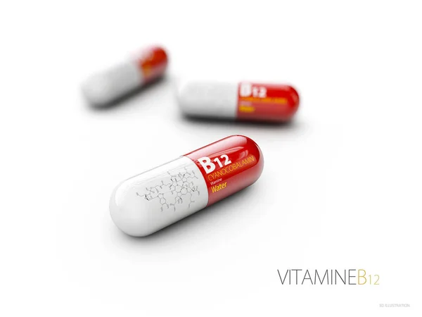 3d Illustrazione di Vitamina B12 Capsula con formula, isolata bianca — Foto Stock