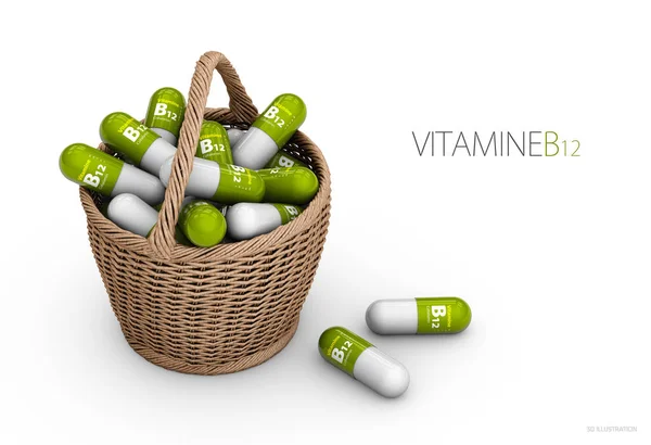 Vitamina B12 capsule nel cestino. Integratori alimentari. Illustrazione 3d — Foto Stock