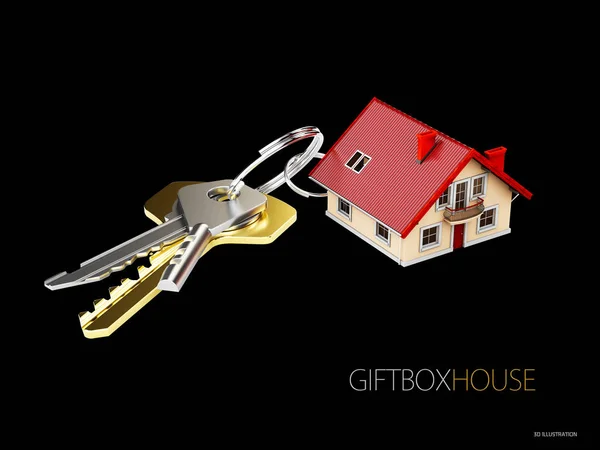 3D απεικόνιση του οίκου κλειδί και μπρελόκ με τη μορφή του σπιτιού. Έννοια για την ακίνητη περιουσία, Απομόνωμα μαύρο — Φωτογραφία Αρχείου