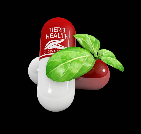 3d Ilustração de pílulas naturais de vitaminas, Medicina alternativa, preto isolado — Fotografia de Stock