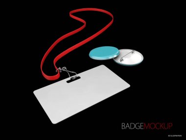 3D resimde boş beyaz ve kırmızı rozetleri. PIN düğmesi, gerçekçi mockup, izole siyah
