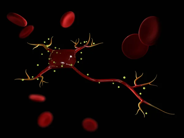 3D illustration av neuron celler med blodkroppar, högupplöst 3d illustration — Stockfoto