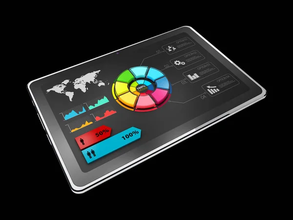 3D-Illustration der kreativen bunten Tortendiagramm auf dem Tablet, Geschäftskonzept, isoliert schwarz — Stockfoto