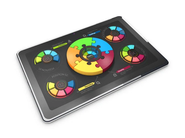 Creativi grafici a torta colorati 3D Illustrazione sul tablet, concetto di business — Foto Stock