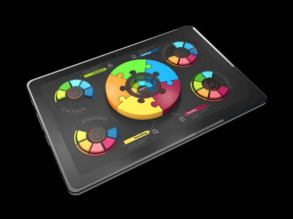 Ilustração 3D de gráfico de torta colorido criativo no tablet, conceito de negócio, preto isolado — Fotografia de Stock
