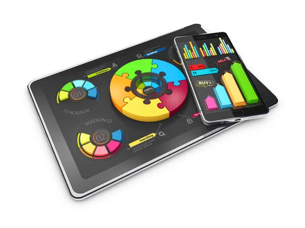 Kreative bunte 3D-Illustration Tortendiagramme auf dem Tablet mit Telefon, Geschäftskonzept — Stockfoto