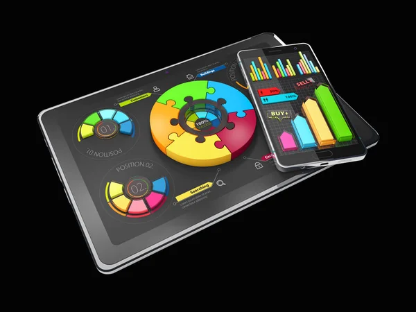 3D-ілюстрація креативної барвистої діаграми пирога на планшеті, бізнес-концепція, ізольований чорний — стокове фото