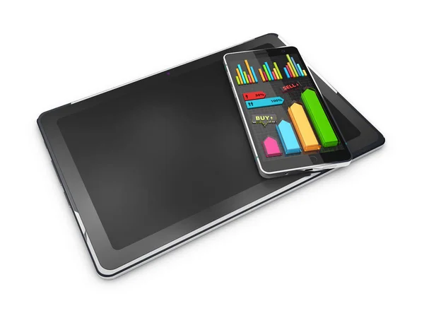 Diagramas creativos coloridos del pastel de la ilustración 3D en la tableta con el teléfono, concepto de negocio —  Fotos de Stock