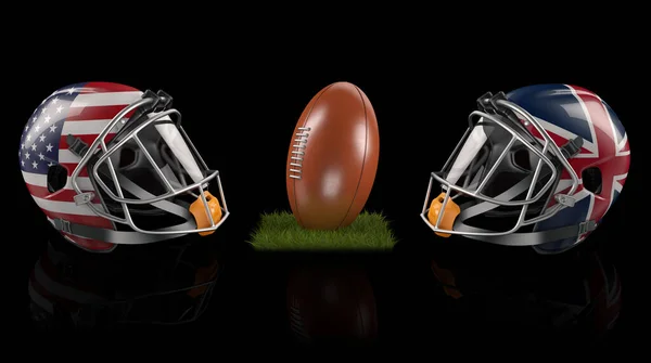 3d renderização de capacetes Rugby com EUA e Inglaterra bandeira, competição entre — Fotografia de Stock