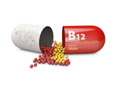 Beyaz arka planda 3 boyutlu B12 vitamini hapları. Beslenme takviyesi kavramı