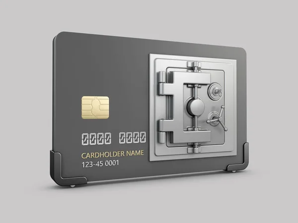 3d Rendering of Credit card with steel safe on gray background. — 스톡 사진