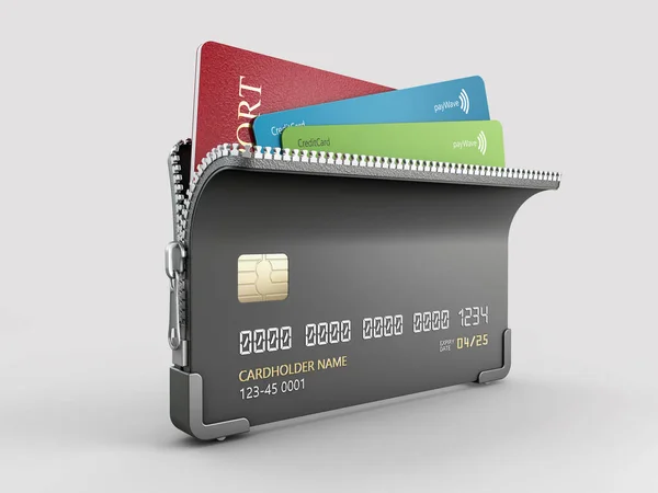 3d Wiedergabe der Kreditkarte mit Reißverschluss und Reisepass im Inneren, Clipping-Pfad inklusive — Stockfoto
