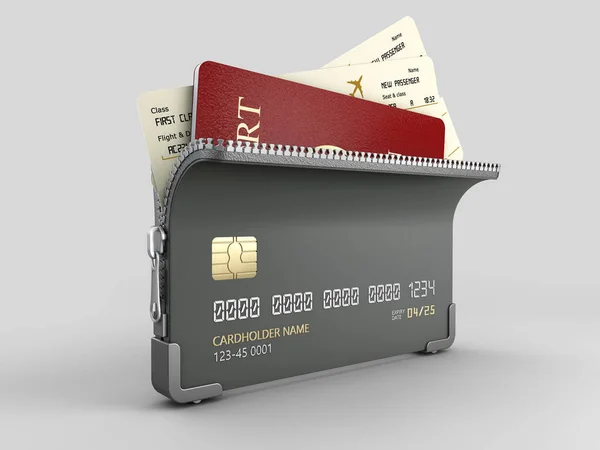 3d Wiedergabe von Kreditkarte mit Reißverschluss und Reisepass mit Tickets im Inneren, Clipping-Pfad inklusive — Stockfoto