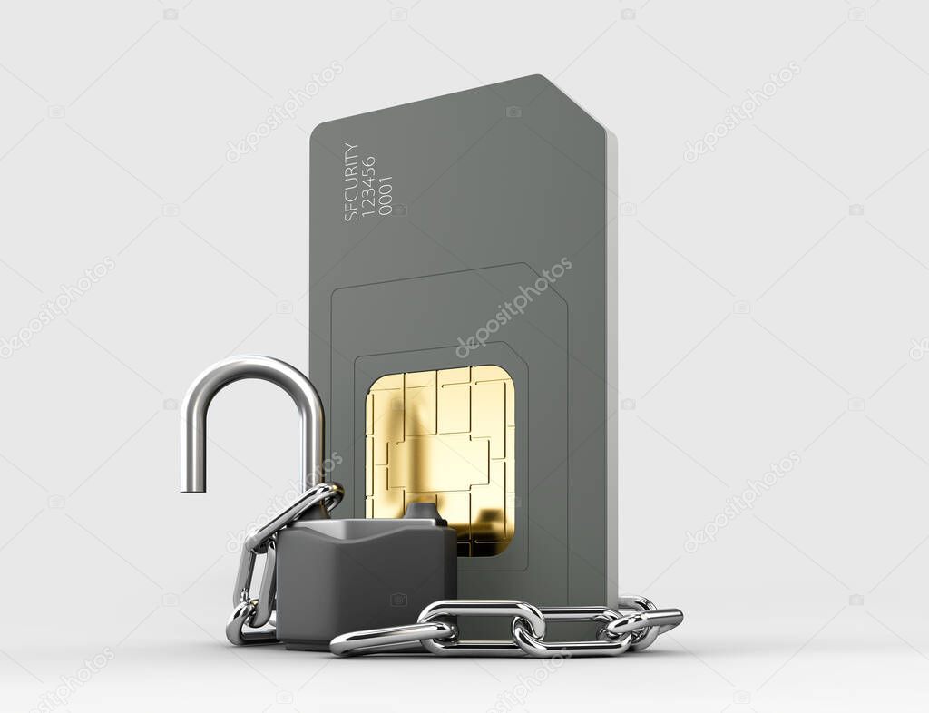 3d rendering of unlocked simcard, protection concept clipping on white background.