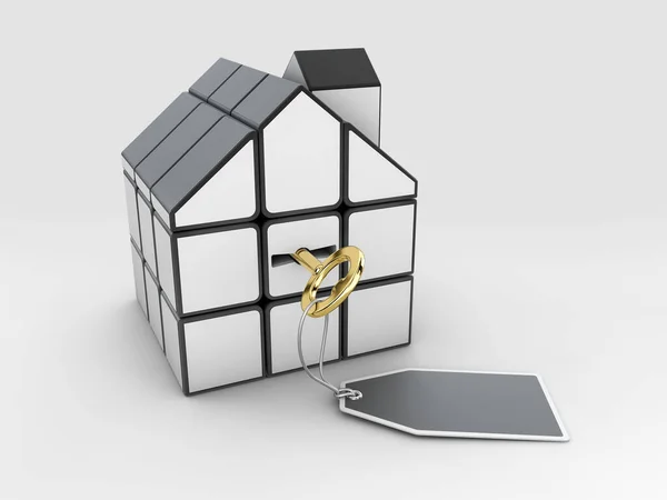 3d rendering di rubiks cubo sotto forma di una casa con chiave, Idee per il settore immobiliare — Foto Stock