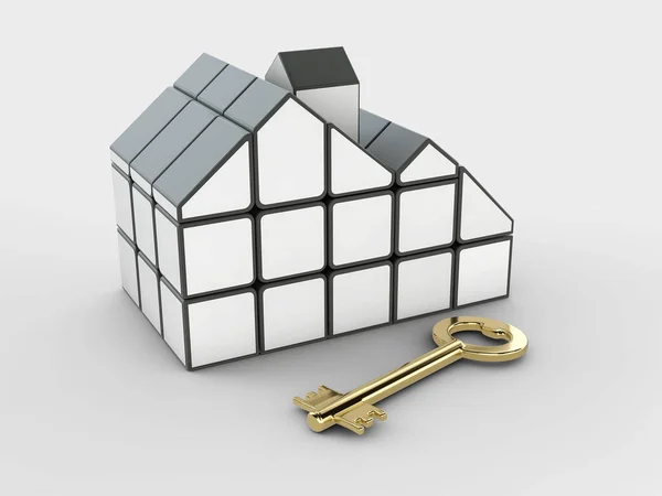 3d rendering di rubiks cubo in forma di casa con chiave, Idee per il settore immobiliare, percorso di ritaglio incluso — Foto Stock