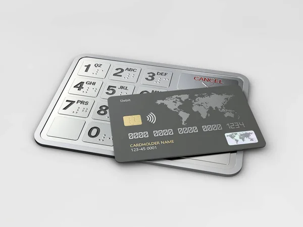 3D-Darstellung der Kreditkarte auf den Geldautomaten-Buttons. Wirtschaft und Finanzen, inkl. Clipping Path — Stockfoto