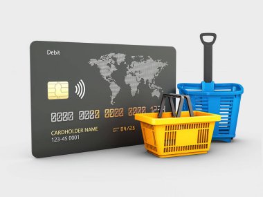3D kredi kartı ve alışveriş sepetinin hazırlanması, kırpma yolu dahil.