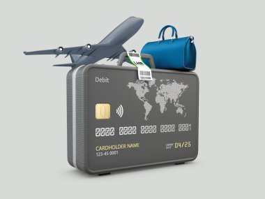 Banka kartı ve uçakla 3 boyutlu seyahat çantaları. Kırpma yolu dahil