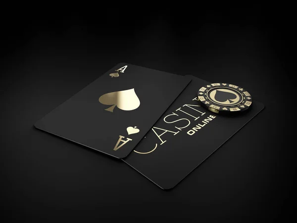 3d Відтворення золотих чипів казино та чорної ігрової картки, відсічний контур включено — стокове фото