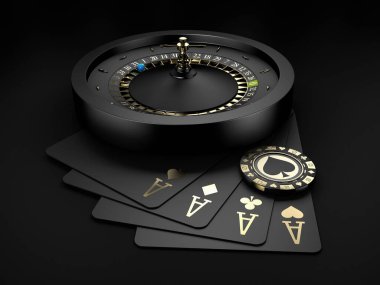 3D Black Casino Rulet Tekerleği, mavi top ve altın çipli. izole siyah, kırpma yolu dahil