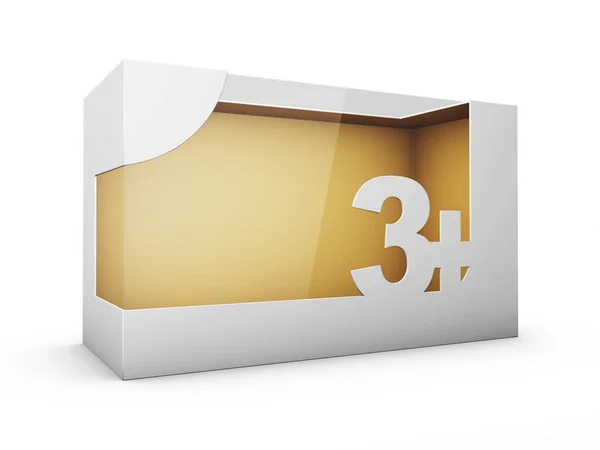 Representación 3d de la caja blanca del paquete con la ventana para los juguetes para el año del árbol y para arriba, camino del recorte incluido —  Fotos de Stock