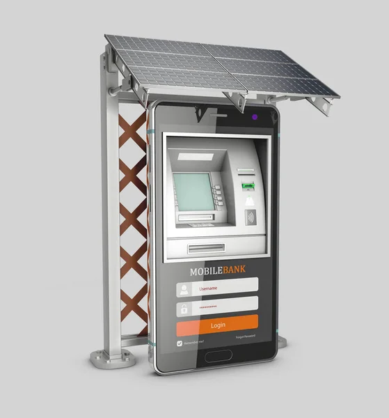 3d Rendering of Mobile concepto de banca en línea y pago. Teléfono inteligente como cajero automático con panel solar, ruta de recorte incluida — Foto de Stock