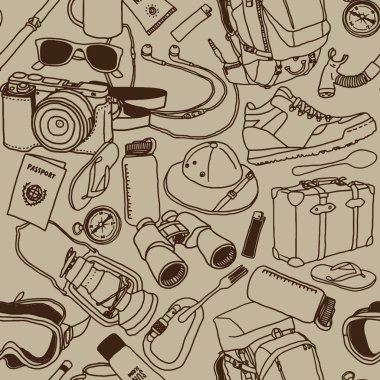 Vintage şeyler Seamless Modeli seyahat hiking