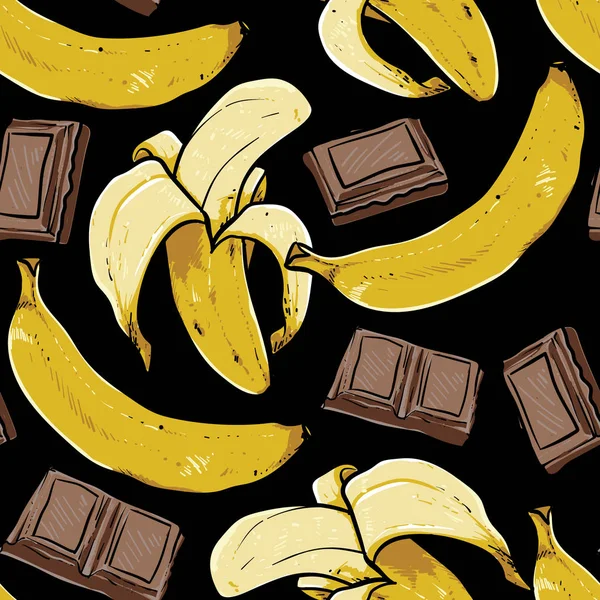 Banana Chocolate Sem Costura Padrão Vetor Desenho Fundo Preto — Vetor de Stock
