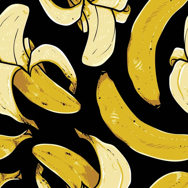 Banana Sem Costura Padrão Vetor Desenho Preto Fundo — Vetor de Stock