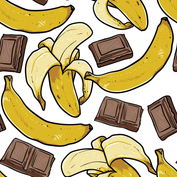 Banana Chocolate Seamless Pattern Vector Drawing White Background — Stock Vector