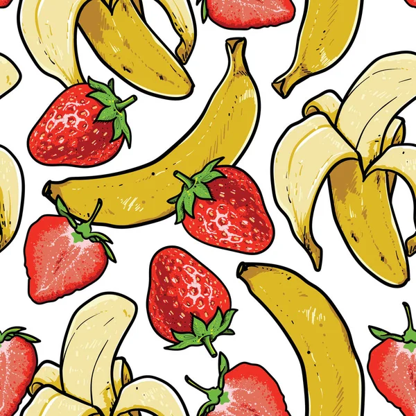 Erdbeere Banane Nahtlose Muster Vektor Zeichnung — Stockvektor