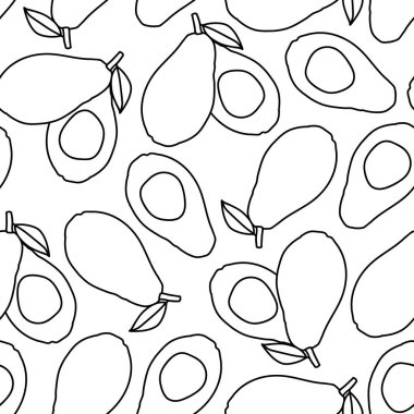 Avokado çizim anahat Dikişsiz desen vektör siyah ve beyaz arka plan