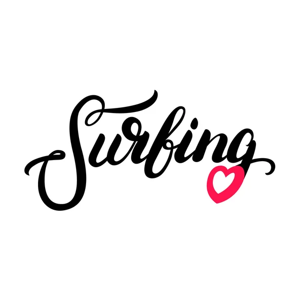 Surfa handskrivna kalligrafi bokstäver med rött hjärta. — Stock vektor