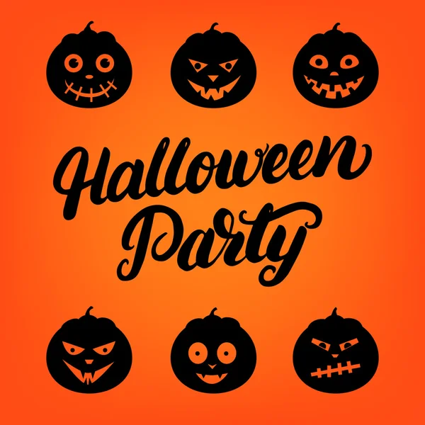 Halloween-Party handgeschriebenen Schriftzug Karte mit einem Satz von 6 Jack o Laterne Kürbis. — Stockvektor