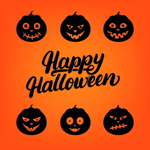 Boldog Halloween kézzel írott betűkkel kártya készlet 6 jack o lantern tök. — Stock Vector