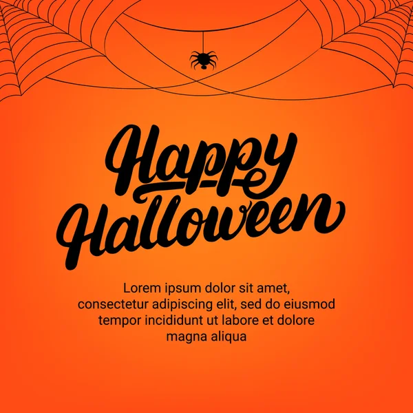 Glückliche handgeschriebene Beschriftungskarte zu Halloween mit Spinne und Spinnweben. — Stockvektor
