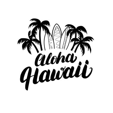 Aloha Hawaii el yazı sörf poster, tişört baskı.