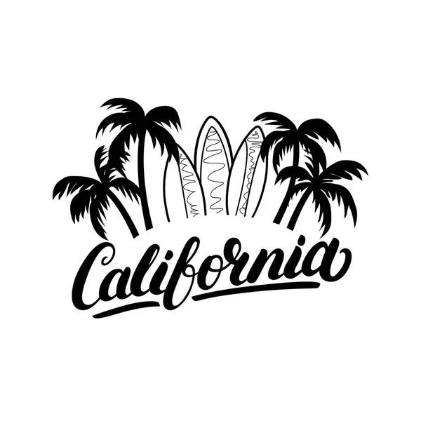 California letras escritas a mano con palmas y tablas de surf . — Vector de stock