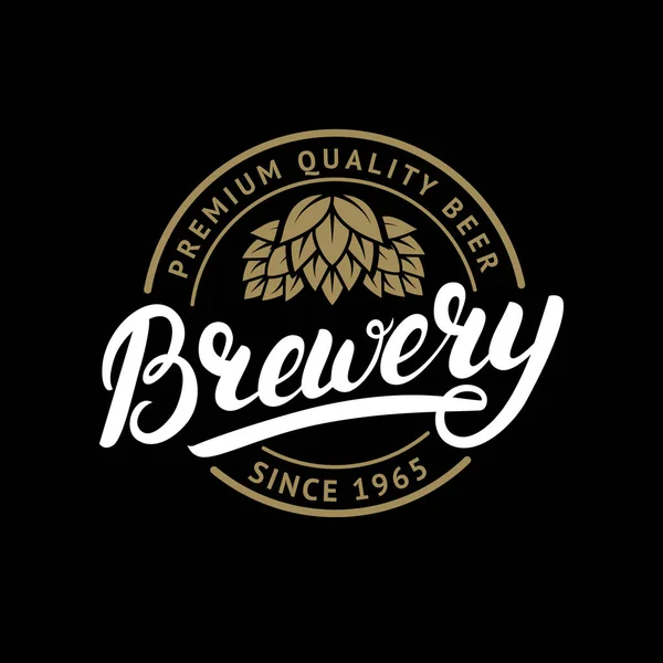 Brewery hand written lettering logo, label, badge template with hop for beer house, bar, pub, brewing company, tavern, wine whiskey market. — Stock Vector